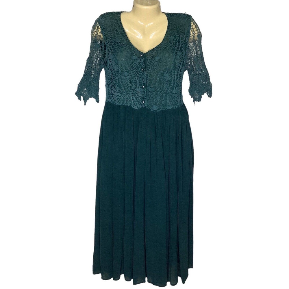 Vintage Dress Womens Small Green Crochet Top Pleated Skirt 90s Boho Grunge Midi